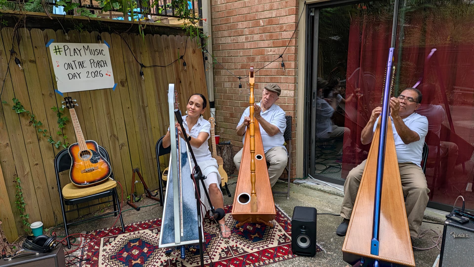 Three harpists performing together