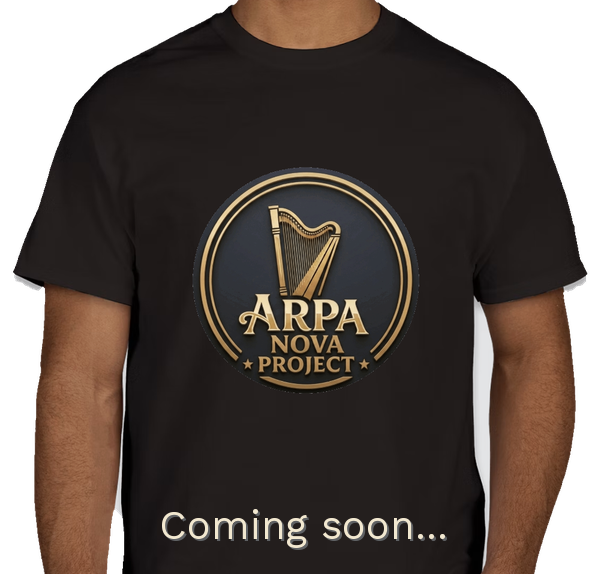 Arpa Nova Project model wearing the charcoal t-shirt with the gold circular harp emblem