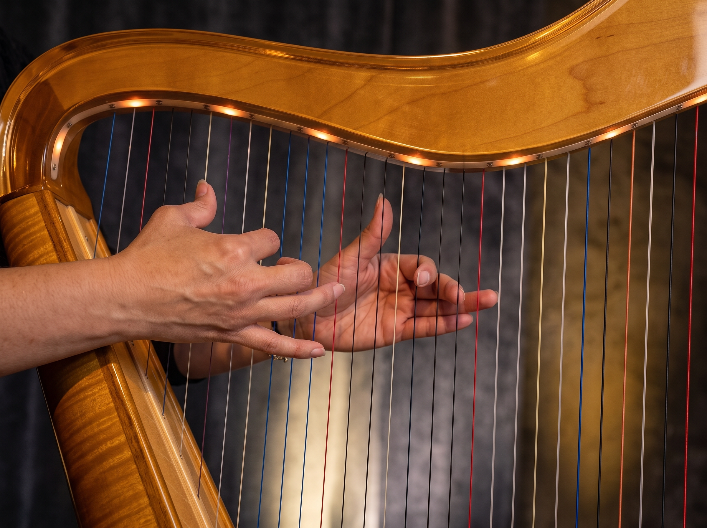 Hands playing the strings of a llanera harp